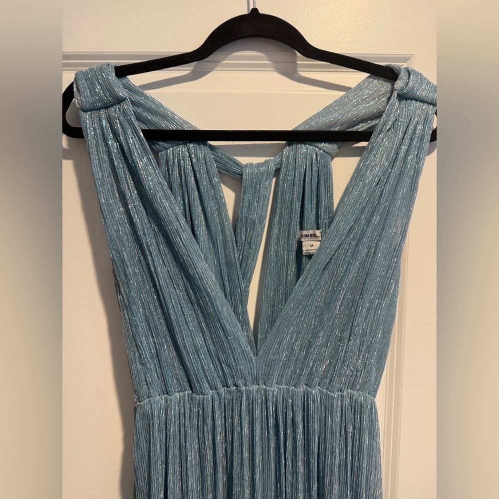 Sabina Musayev Skylar Dress in Marine Blue Metallic Shimmer Missing Belt Sz M - Picture 7 of 11